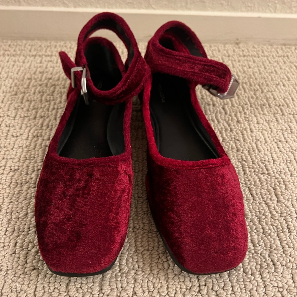 Free People Cranberry Red Velvet and Leather Flats with Ankle Strap size 9